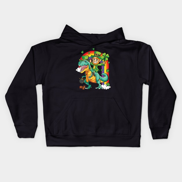 Leprechaun Riding T-Rex Dinosaur St Patricks Day Kids Hoodie by Alinutzi